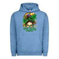 Pigment Pebble Blue St. Patrick Messy Bun One Luck Mama With Clover Urban Hoodie - BundleAndBundleShop