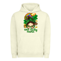 Pigment Pistachio St. Patrick Messy Bun One Luck Mama With Clover Urban Hoodie - BundleAndBundleShop