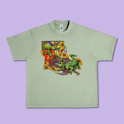Urban Heavy Tee Louisiana Map With Mardi Gras Crocodile