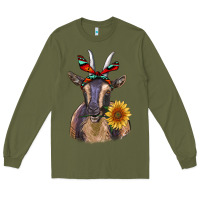 Army Green sunflower aztec ribbon goat Long Sleeve Tee - RanaPortraitStore