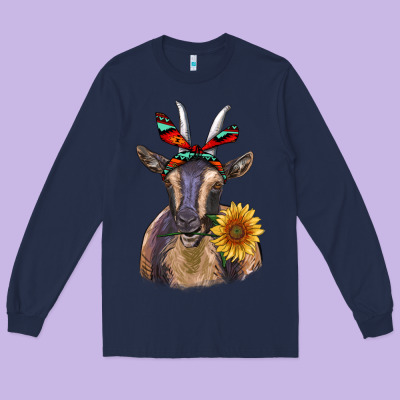 Sunflower Aztec Ribbon Goat Long Sleeve Tee Designed By Ranaportraitstore