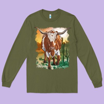 Longhorn Cow With Desert Background Long Sleeve Tee Designed By Ranaportraitstore