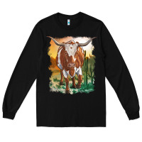 Black longhorn cow with desert background Long Sleeve Tee - RanaPortraitStore