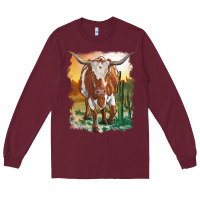 Burgundy longhorn cow with desert background Long Sleeve Tee - RanaPortraitStore