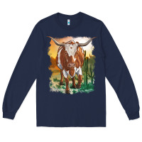 Navy longhorn cow with desert background Long Sleeve Tee - RanaPortraitStore