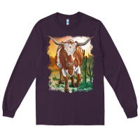 Plum longhorn cow with desert background Long Sleeve Tee - RanaPortraitStore
