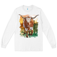 White longhorn cow with desert background Long Sleeve Tee - RanaPortraitStore