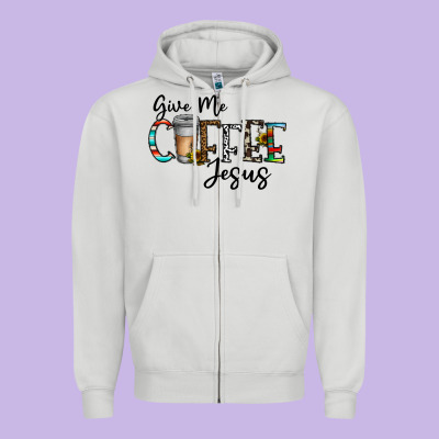 Give Me Coffee Jesus Zipper Hoodie Designed By Cowhidedigitalart