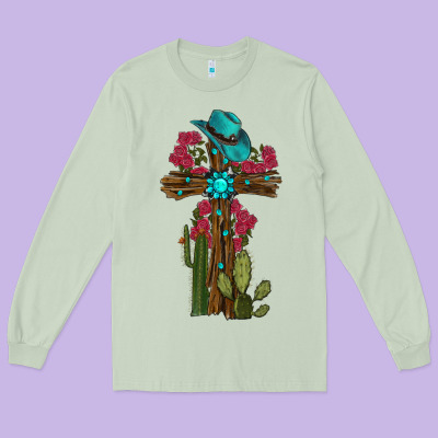 Cross Gemstone Cactus Roses Cowboy Hat Long Sleeve Tee Designed By Ranaportraitstore