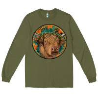 Army Green fall highland cow round Long Sleeve Tee - RanaPortraitStore