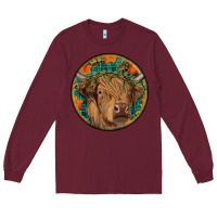 Burgundy fall highland cow round Long Sleeve Tee - RanaPortraitStore