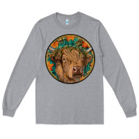 Heather Grey fall highland cow round Long Sleeve Tee - RanaPortraitStore