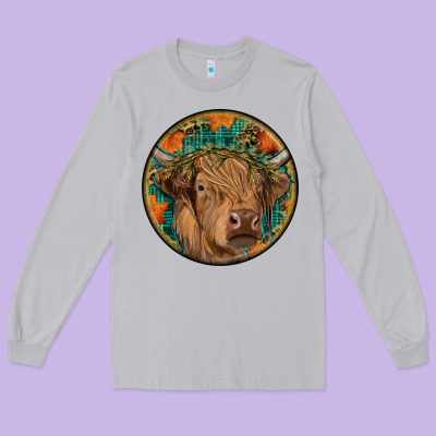 Fall Highland Cow Round Long Sleeve Tee Designed By Ranaportraitstore