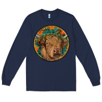 Navy fall highland cow round Long Sleeve Tee - RanaPortraitStore