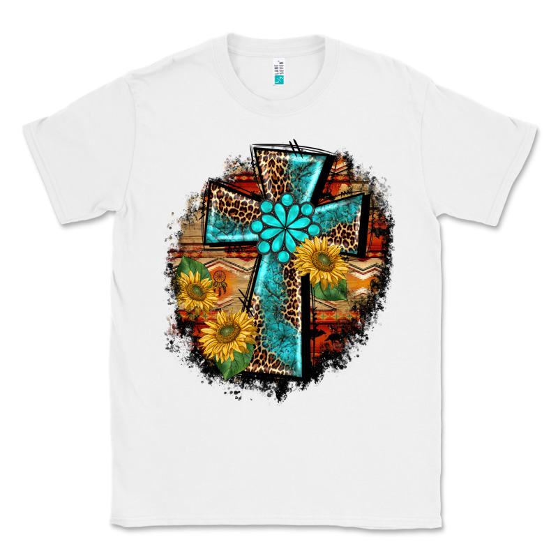 Western Turquoise's Leopard Cross  Wooden Aztek Sunflowers Background Classic Tee by BarkalooDesign | Teevron