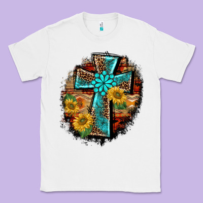 Western Turquoise's Leopard Cross  Wooden Aztek Sunflowers Background Classic Tee Designed By Barkaloodesign