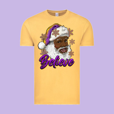 Vintage Tee believe purple and gold african american santa