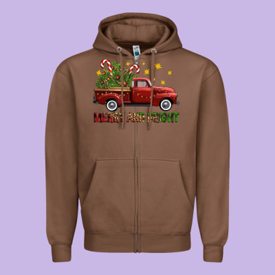 Merry And Bright Christmas Trees Truck Zipper Hoodie Designed By Fadigitalartstudio