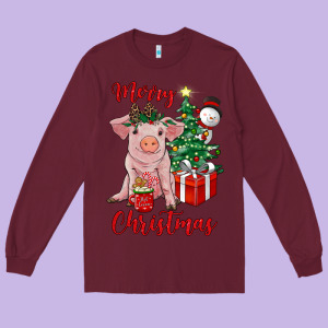 Merry Christmas Pig Long Sleeve Tee Designed By Ranaportraitstore