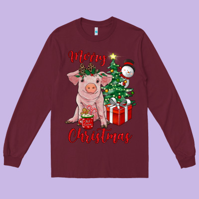 Merry Christmas Pig Long Sleeve Tee Designed By Ranaportraitstore