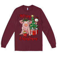 Burgundy merry christmas pig Long Sleeve Tee - RanaPortraitStore