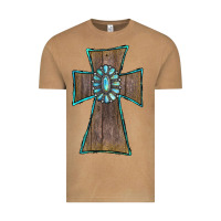Vintage Camel Wood Turquoise Gemstone Cross Vintage Tee - RanaPortraitStore