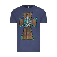 Vintage Denim Wood Turquoise Gemstone Cross Vintage Tee - RanaPortraitStore