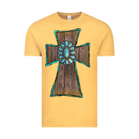 Vintage Mustard Wood Turquoise Gemstone Cross Vintage Tee - RanaPortraitStore