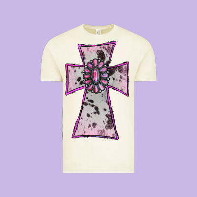 Vintage Tee Cowhide Pink Gemstone Cross