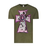 Vintage Olive Cowhide Pink Gemstone Cross Vintage Tee - RanaPortraitStore