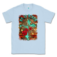 Dusty Blue he is risen cross with roses background Classic Tee - BarkalooDesign