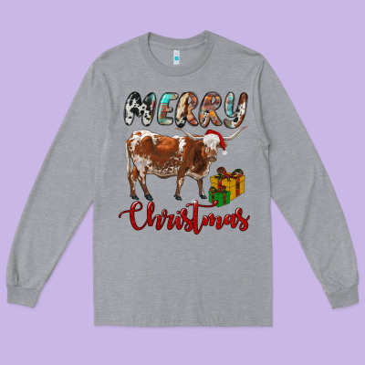 Texas Longhorn Merry Christmas Long Sleeve Tee Designed By Ranaportraitstore