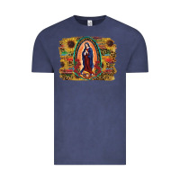 Vintage Denim Sunflower Lady Of Guadalupe Distressed Background Vintage Tee - RanaPortraitStore