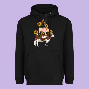 Western Farm Life Cow Pig Rooster With Sunflowers Heavyweight Hoodie Designed By Artiststas
