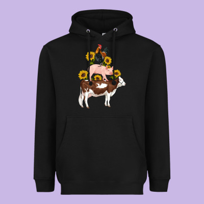 Western Farm Life Cow Pig Rooster With Sunflowers Heavyweight Hoodie Designed By Artiststas
