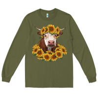 Army Green hereford cow with sunflowers Long Sleeve Tee - RanaPortraitStore