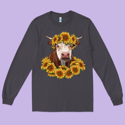 Hereford Cow With Sunflowers Long Sleeve Tee Designed By Ranaportraitstore