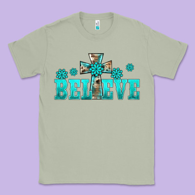 Western Turquoise's Gemstones Cross Believe Classic Tee Designed By Barkaloodesign