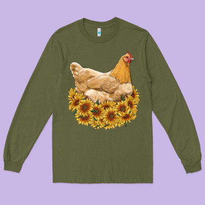 Chicken With Sunflowers Long Sleeve Tee Designed By Ranaportraitstore