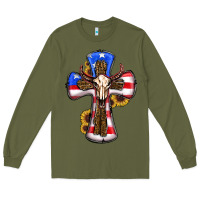 Army Green american flag cross cow skull sunflowers Long Sleeve Tee - RanaPortraitStore