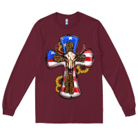 Burgundy american flag cross cow skull sunflowers Long Sleeve Tee - RanaPortraitStore