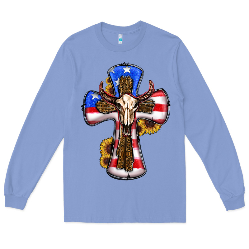 American Flag Cross Cow Skull Sunflowers Long Sleeve Tee by RanaPortraitStore | Teevron
