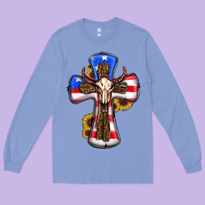 American Flag Cross Cow Skull Sunflowers Long Sleeve Tee Designed By Ranaportraitstore