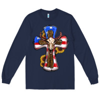 Navy american flag cross cow skull sunflowers Long Sleeve Tee - RanaPortraitStore