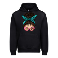 Black Messy Curly Bun Mom With Leopard Bandana Urban Hoodie - BundleAndBundleShop