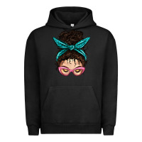 Pigment Black Messy Curly Bun Mom With Leopard Bandana Urban Hoodie - BundleAndBundleShop
