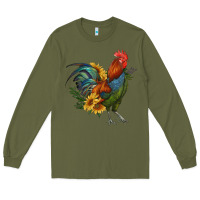 Army Green rooster with sunflowers Long Sleeve Tee - RanaPortraitStore