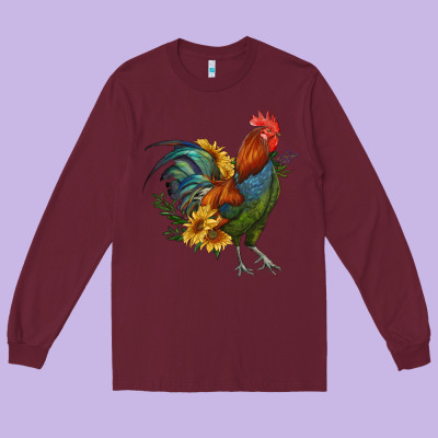 Rooster With Sunflowers Long Sleeve Tee Designed By Ranaportraitstore