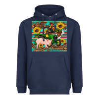 Navy western farm tractor pig rooster cow sunflowers Heavyweight Hoodie - Artiststas