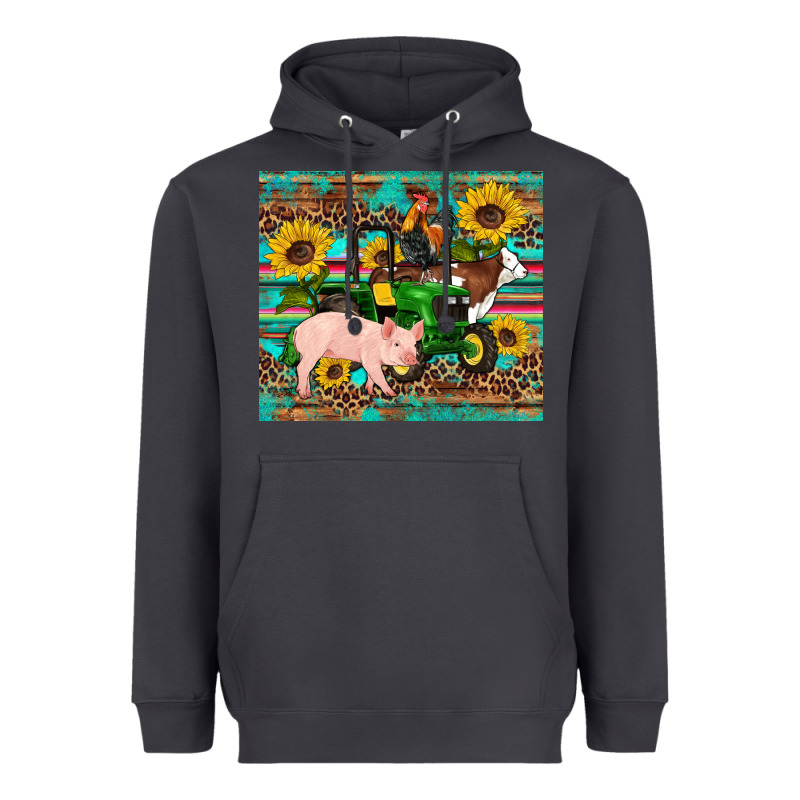 Western Farm Tractor Pig Rooster Cow Sunflowers Heavyweight Hoodie by Artiststas | Teevron